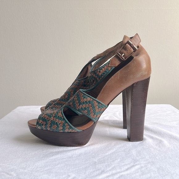 Elliott Lucca Shoes - Elliott Lucca green and brown leather woven stacked heels